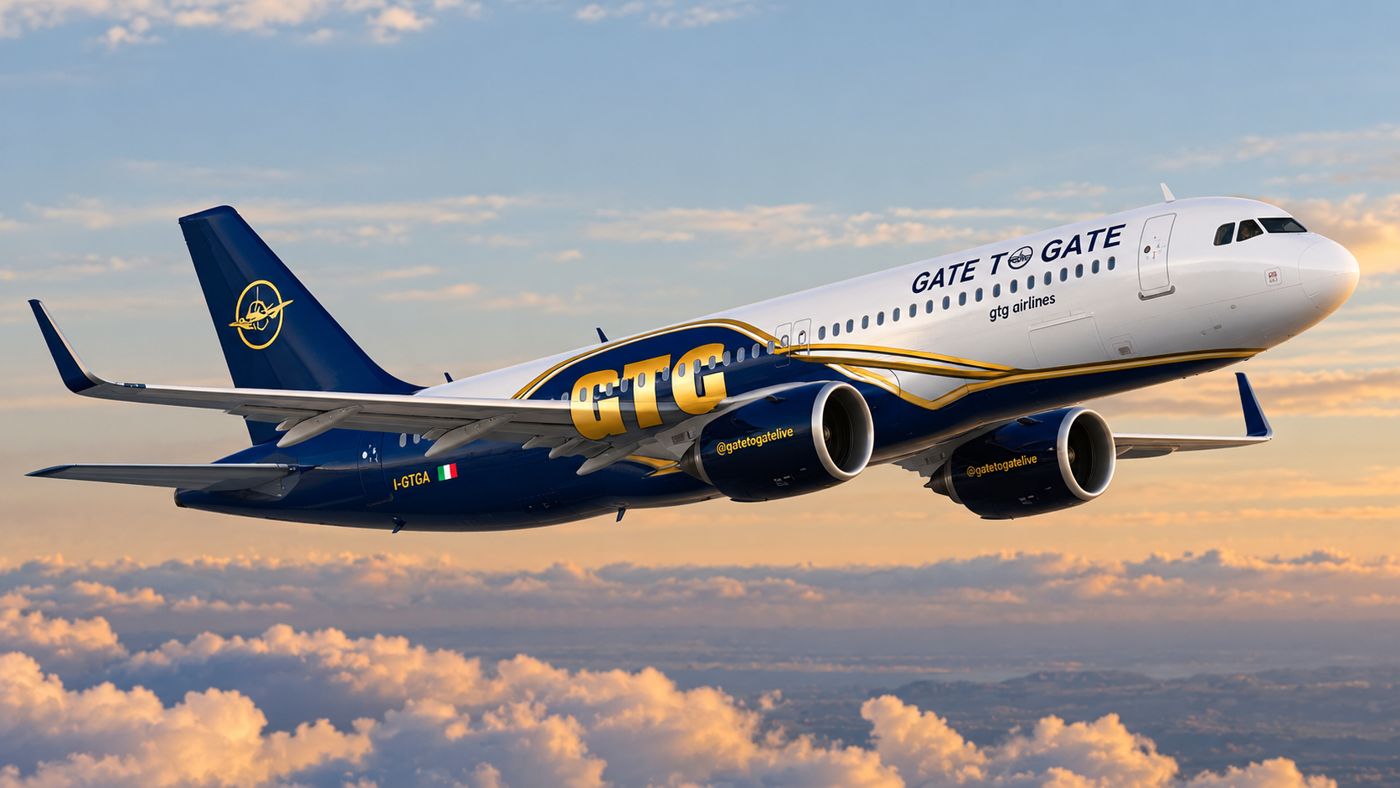 Airbus A320 con livrea Gate to Gate, marche I-GTGA, in volo sopra le nuvole
